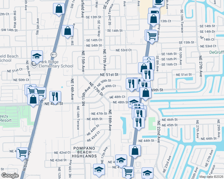 map of restaurants, bars, coffee shops, grocery stores, and more near 1784 Northeast 49th Court in Pompano Beach