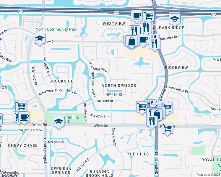 map of restaurants, bars, coffee shops, grocery stores, and more near 9924 Northwest 49th Place in Coral Springs