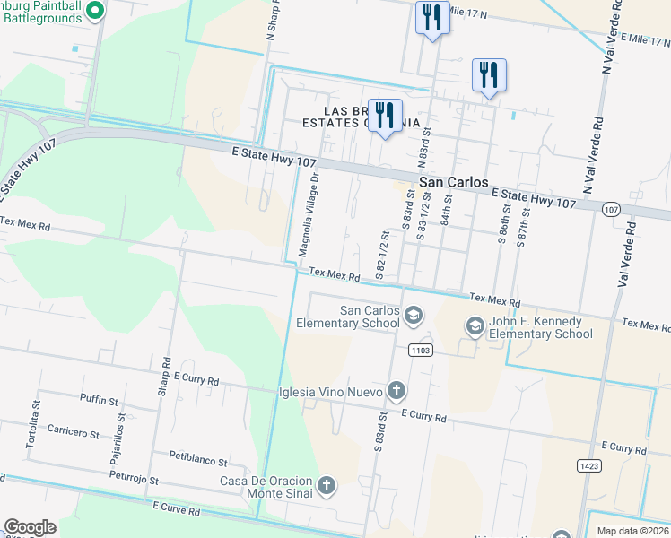 map of restaurants, bars, coffee shops, grocery stores, and more near 8007 Tex Mex Road in Edinburg
