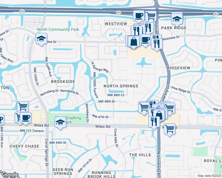 map of restaurants, bars, coffee shops, grocery stores, and more near 9924 Northwest 49th Place in Coral Springs