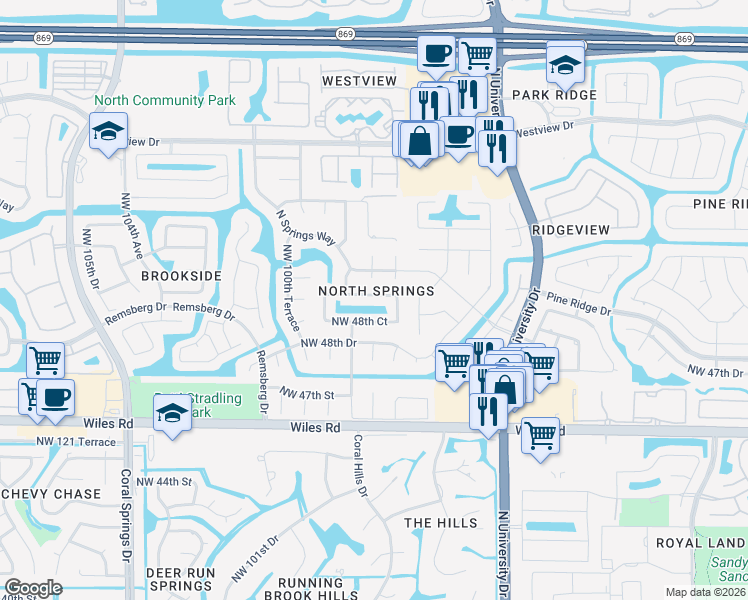 map of restaurants, bars, coffee shops, grocery stores, and more near 9834 Northwest 49th Place in Coral Springs