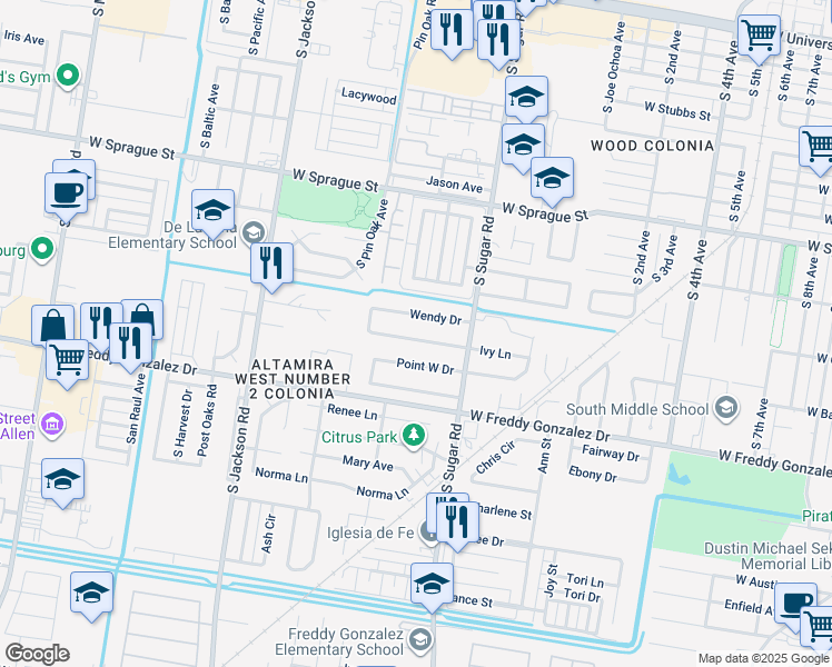 map of restaurants, bars, coffee shops, grocery stores, and more near 1723 Ivy Lane in Edinburg