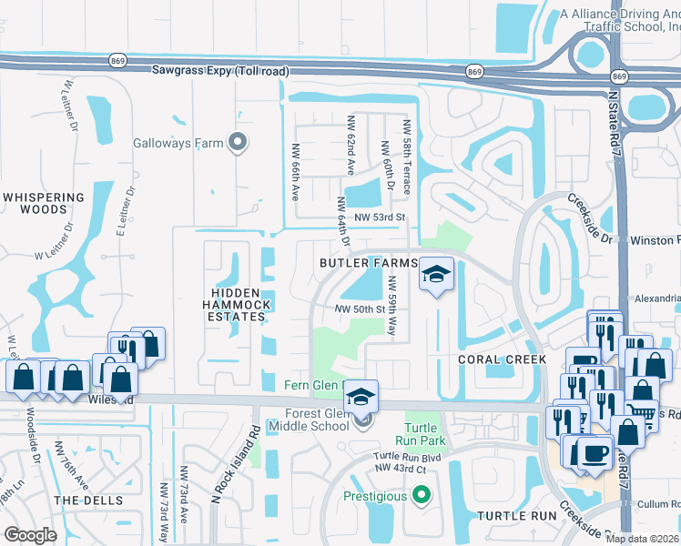 map of restaurants, bars, coffee shops, grocery stores, and more near 5140 Northwest 64th Drive in Coral Springs