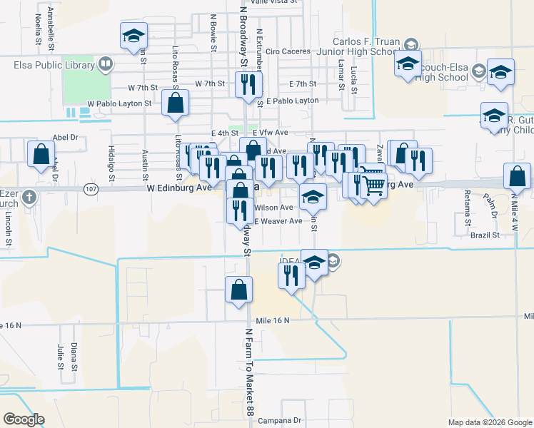 map of restaurants, bars, coffee shops, grocery stores, and more near 202 South Extrumberto Solis Street in Monte Alto