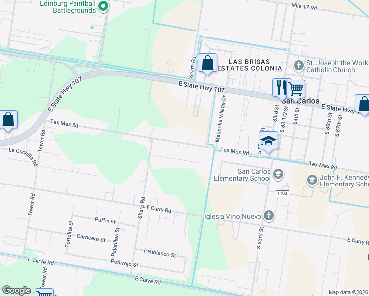 map of restaurants, bars, coffee shops, grocery stores, and more near 7610 Tex Mex Road in Edinburg