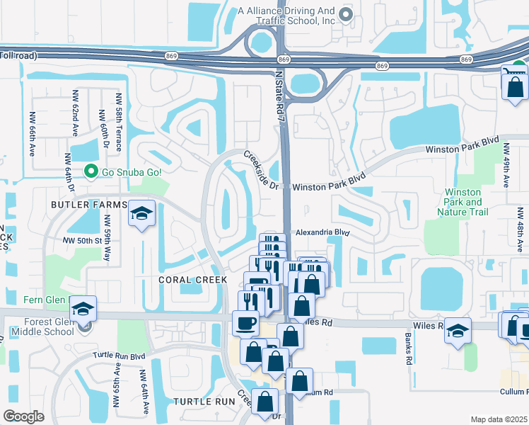 map of restaurants, bars, coffee shops, grocery stores, and more near 5107 Northwest 57th Drive in Coral Springs