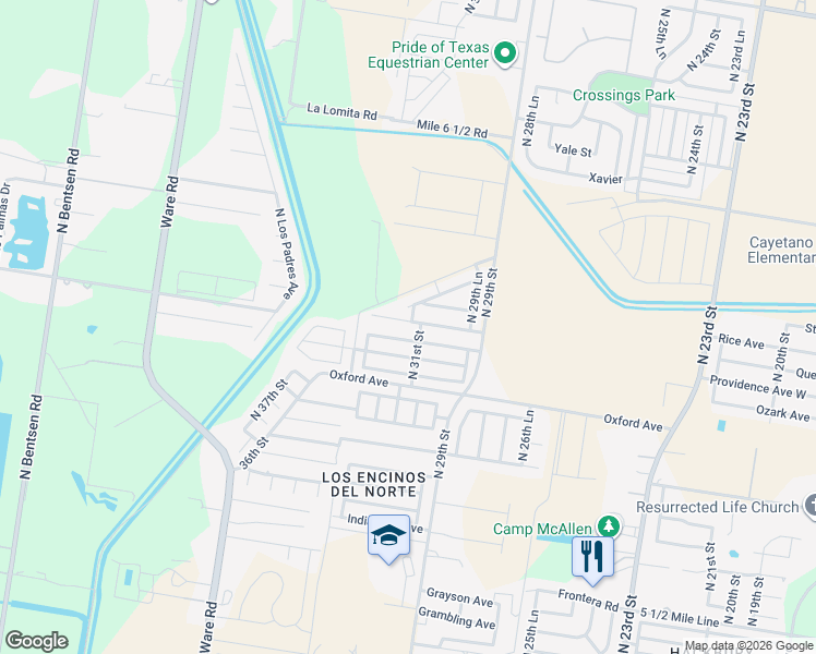 map of restaurants, bars, coffee shops, grocery stores, and more near 3109 Queens Road in McAllen