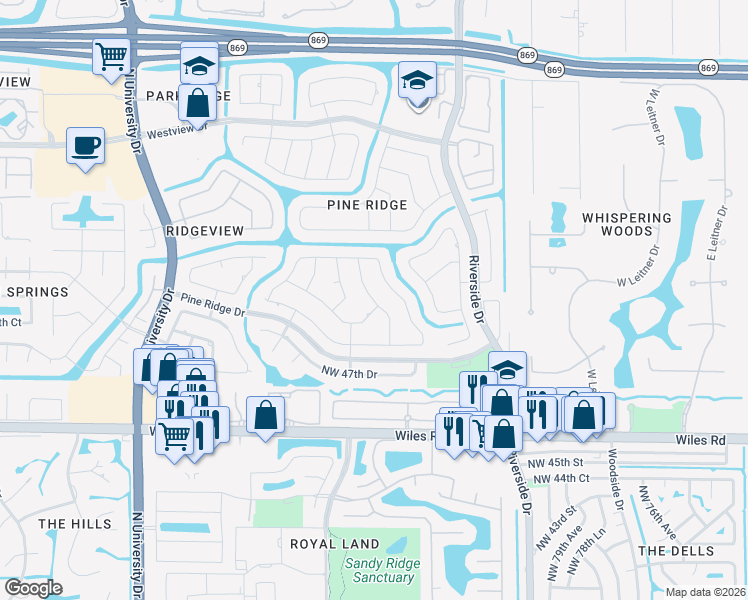 map of restaurants, bars, coffee shops, grocery stores, and more near 5064 Northwest 84th Road in Coral Springs