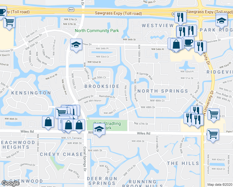 map of restaurants, bars, coffee shops, grocery stores, and more near 4906 Northwest 102nd Drive in Coral Springs
