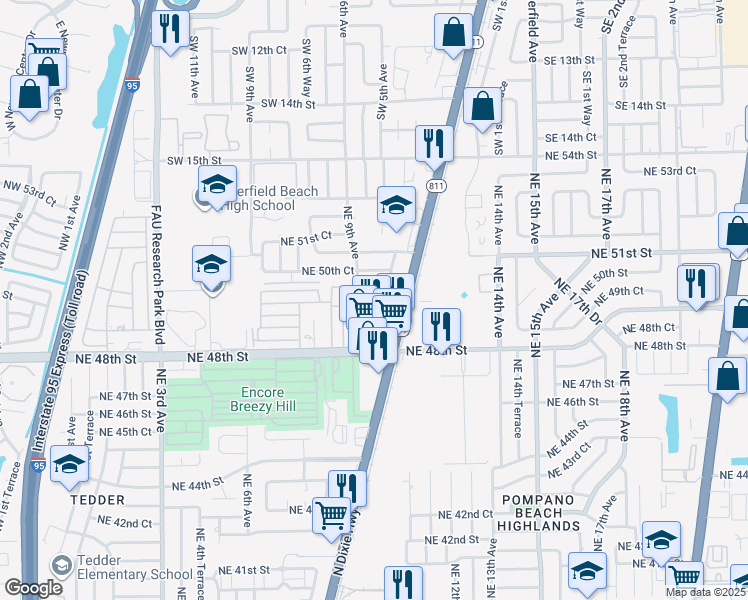 map of restaurants, bars, coffee shops, grocery stores, and more near 921 Northeast 49th Street in Pompano Beach