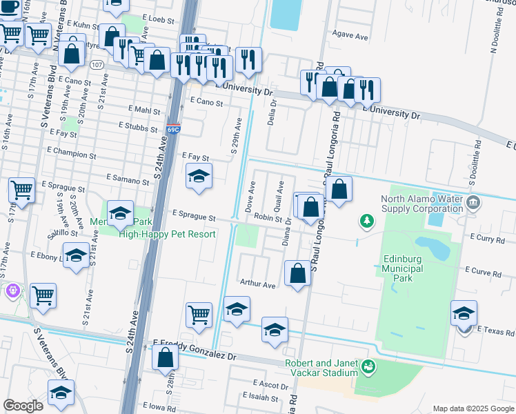 map of restaurants, bars, coffee shops, grocery stores, and more near 621 Cardinal Ave in Edinburg