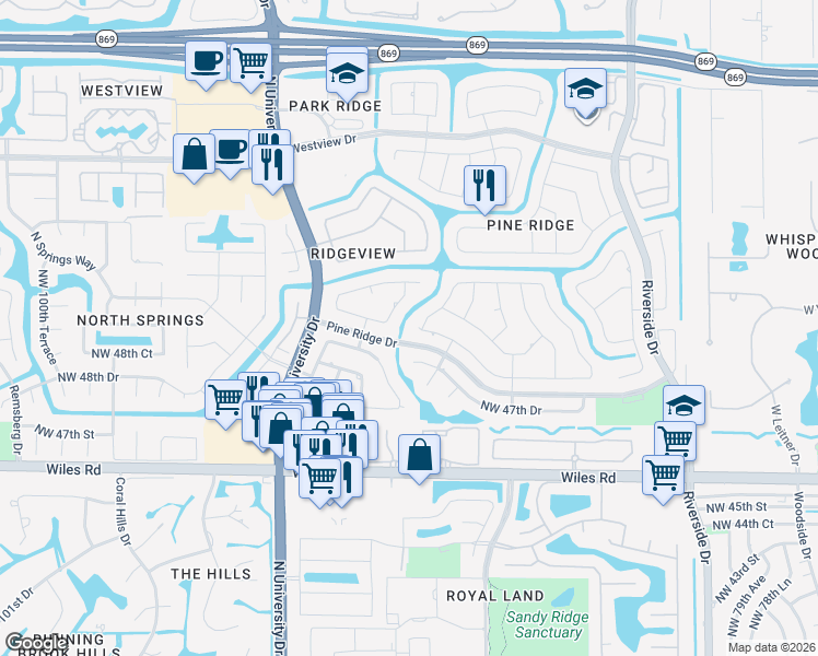 map of restaurants, bars, coffee shops, grocery stores, and more near 8884 Northwest 49th Drive in Coral Springs