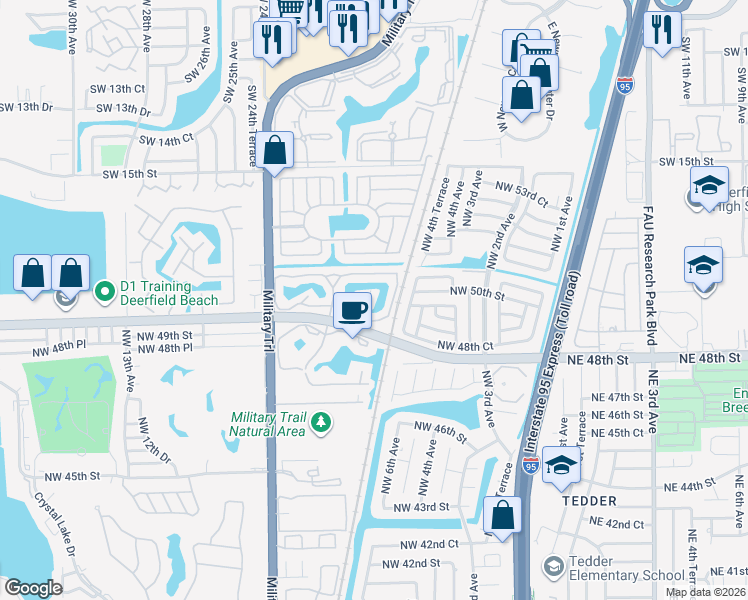 map of restaurants, bars, coffee shops, grocery stores, and more near 1880 Discovery Way in Deerfield Beach