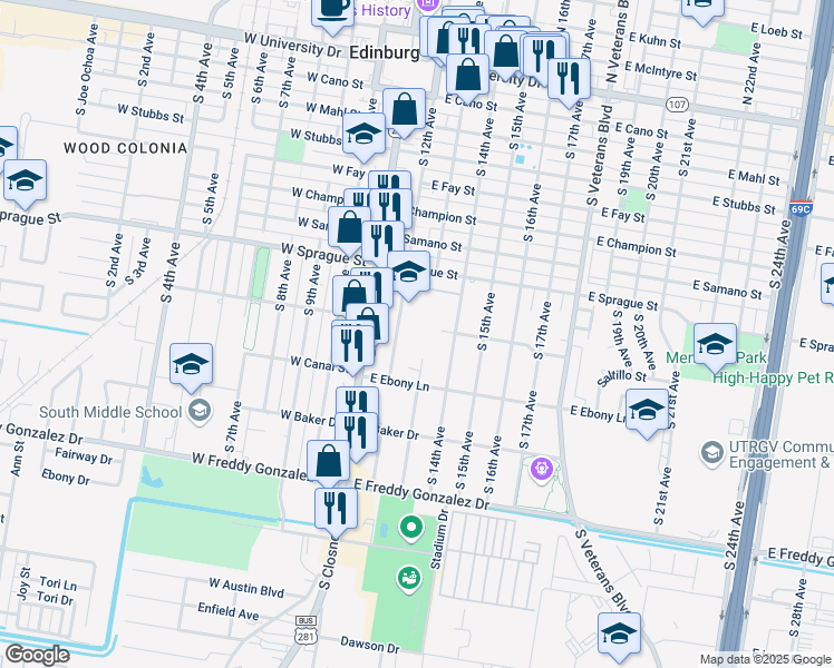 map of restaurants, bars, coffee shops, grocery stores, and more near 223 Park Street in Edinburg
