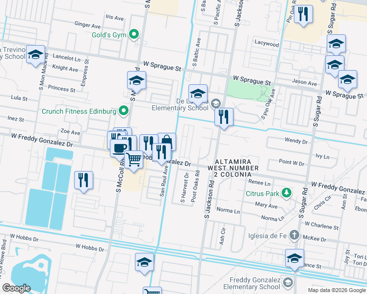 map of restaurants, bars, coffee shops, grocery stores, and more near 2690 Easy St in Edinburg