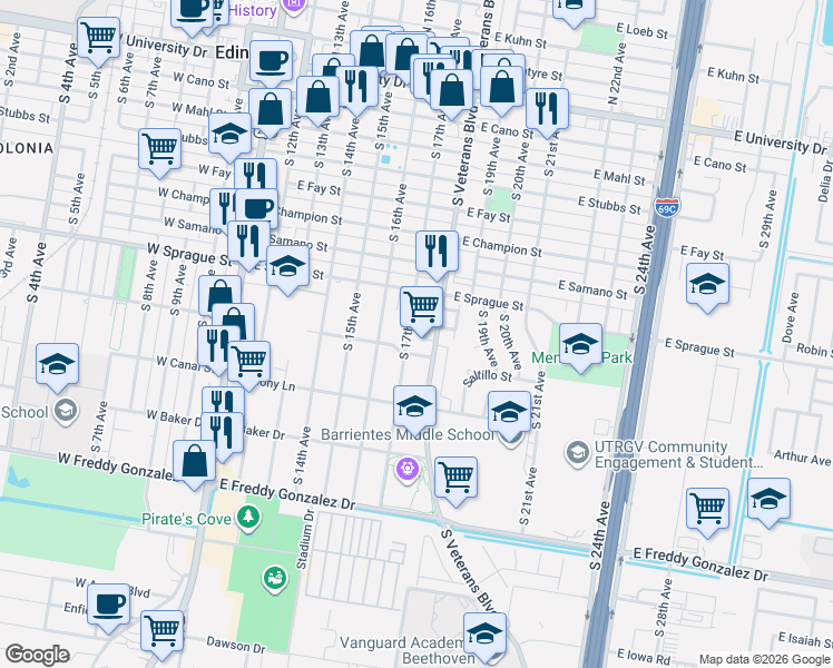 map of restaurants, bars, coffee shops, grocery stores, and more near 912 South 17th Avenue in Edinburg