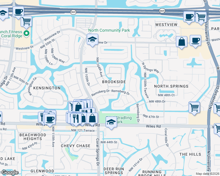 map of restaurants, bars, coffee shops, grocery stores, and more near 10394 Northwest 49th Court in Coral Springs