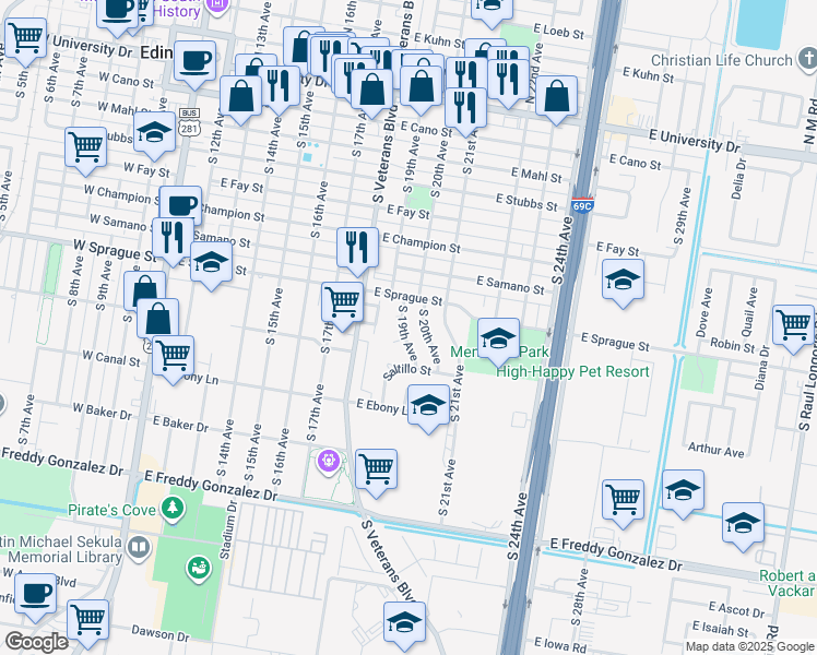 map of restaurants, bars, coffee shops, grocery stores, and more near 902 South 19th Avenue in Edinburg