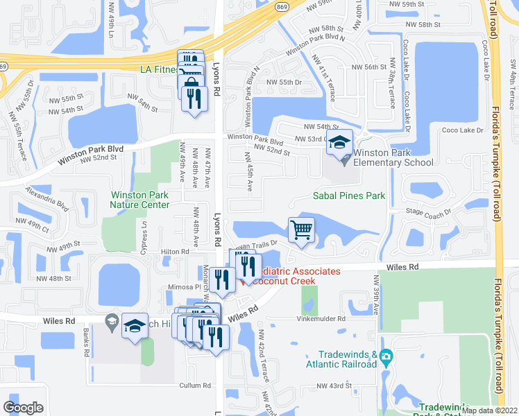 map of restaurants, bars, coffee shops, grocery stores, and more near 4481 Northwest 49th Court in Coconut Creek
