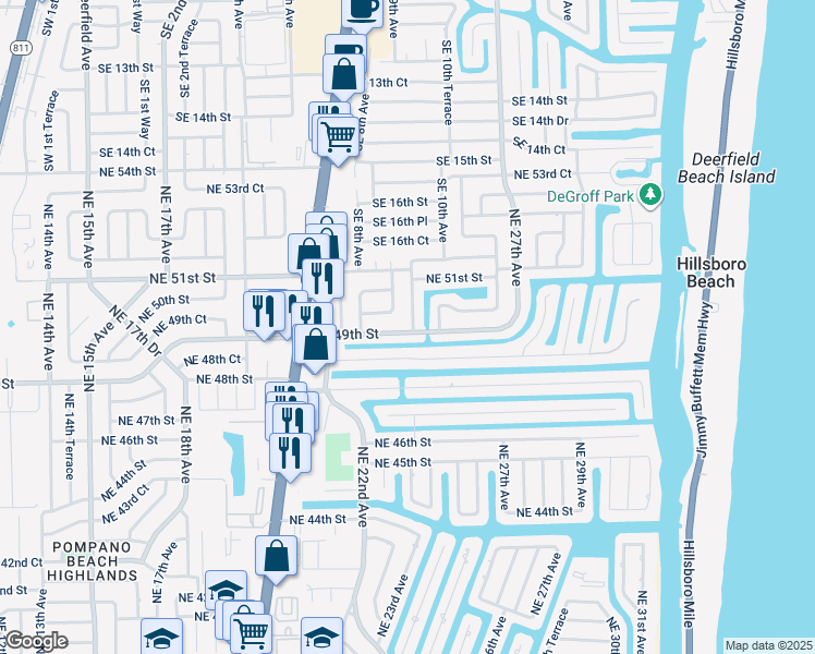 map of restaurants, bars, coffee shops, grocery stores, and more near 2371 Northeast 49th Street in Lighthouse Point