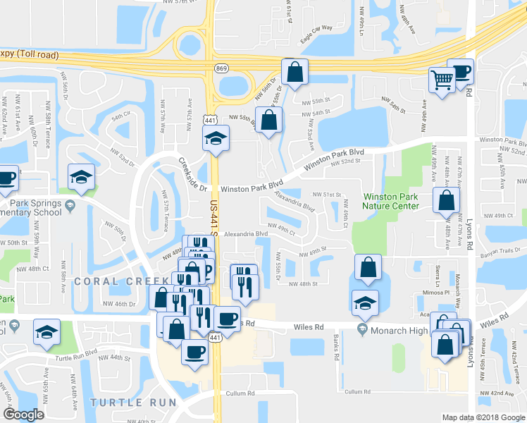map of restaurants, bars, coffee shops, grocery stores, and more near 4922 Northwest 55th Boulevard in Coconut Creek
