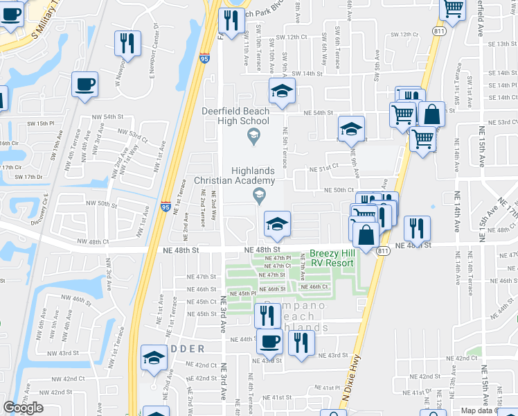 map of restaurants, bars, coffee shops, grocery stores, and more near 501 Northeast 48th Street in Pompano Beach