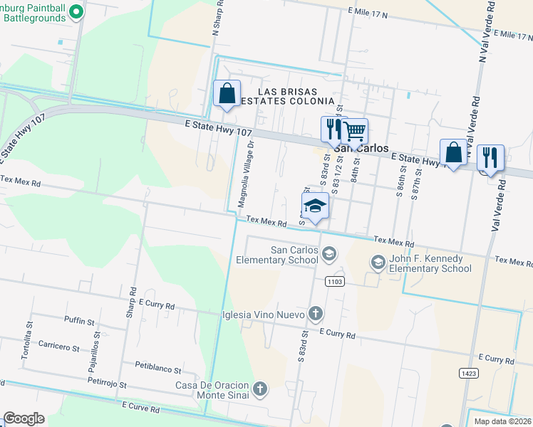 map of restaurants, bars, coffee shops, grocery stores, and more near 8007 Tex Mex Road in Edinburg