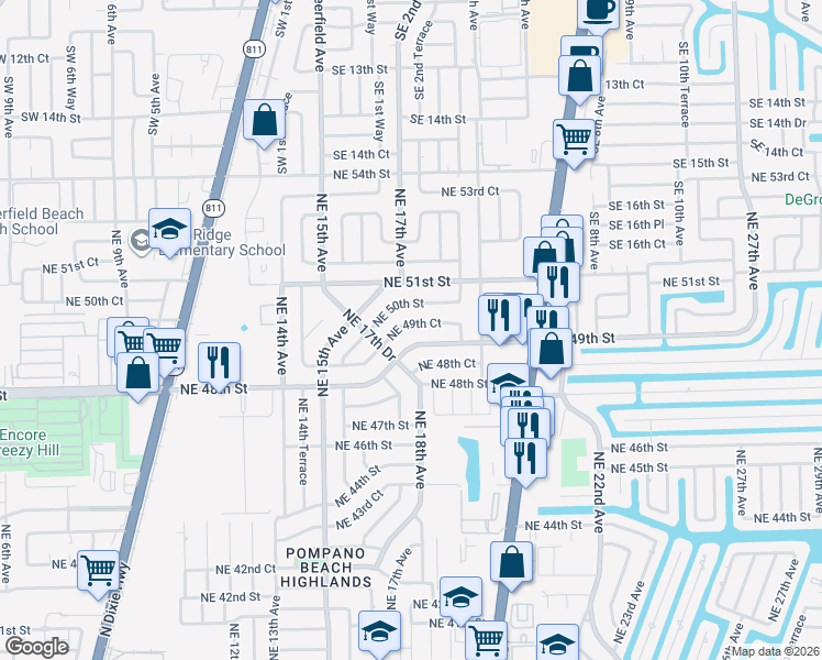 map of restaurants, bars, coffee shops, grocery stores, and more near 1784 Northeast 49th Court in Pompano Beach
