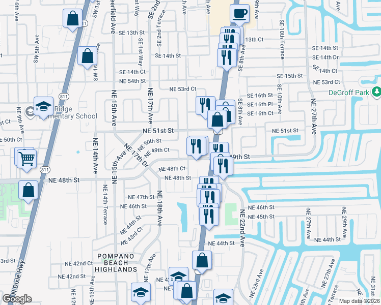 map of restaurants, bars, coffee shops, grocery stores, and more near 4936 Northeast 19th Terrace in Pompano Beach