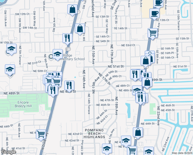 map of restaurants, bars, coffee shops, grocery stores, and more near 4877 Northeast 15th Avenue in Pompano Beach