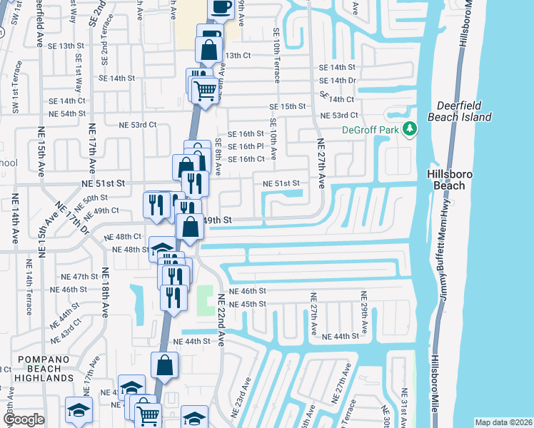 map of restaurants, bars, coffee shops, grocery stores, and more near 2501 Northeast 49th Street in Lighthouse Point