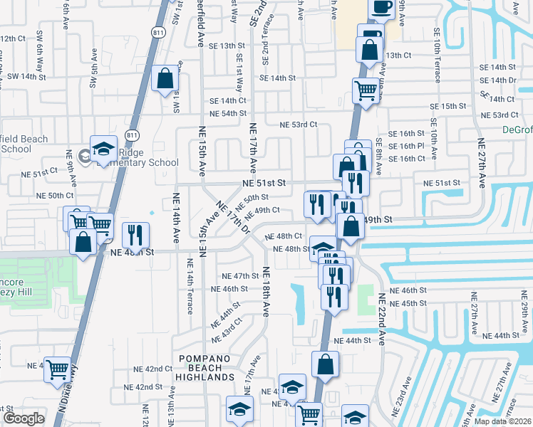 map of restaurants, bars, coffee shops, grocery stores, and more near 1784 Northeast 49th Court in Pompano Beach