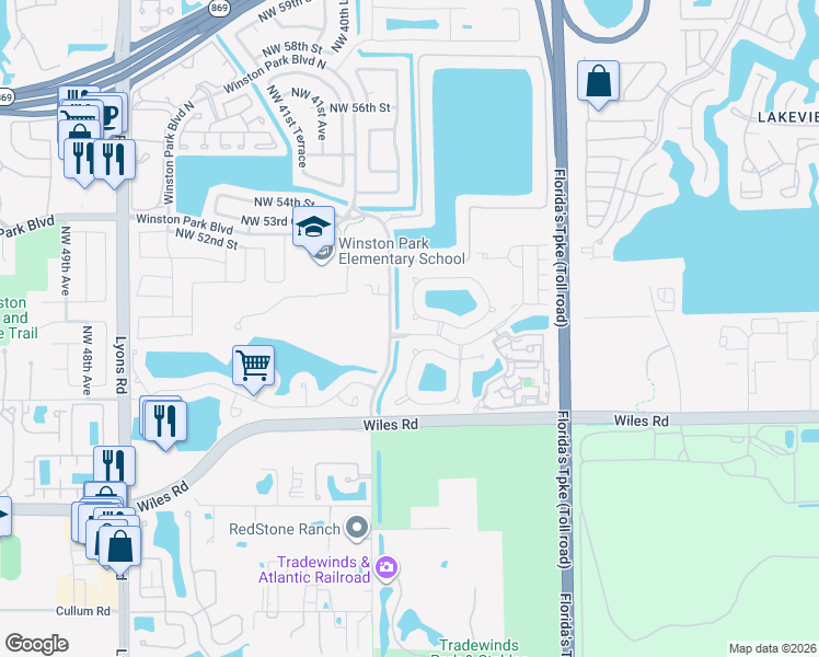 map of restaurants, bars, coffee shops, grocery stores, and more near 5053 Woodfield Way in Coconut Creek