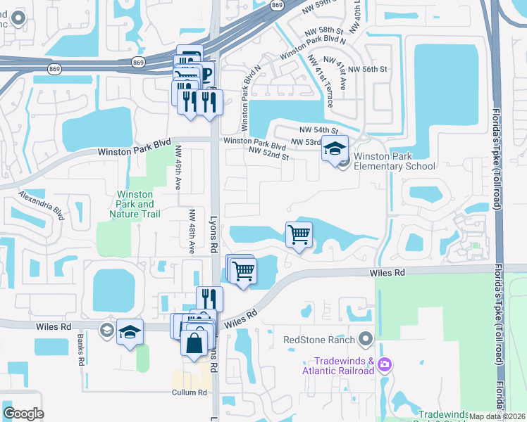 map of restaurants, bars, coffee shops, grocery stores, and more near 4481 Northwest 49th Court in Coconut Creek