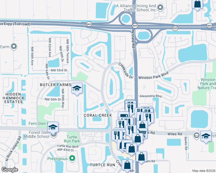 map of restaurants, bars, coffee shops, grocery stores, and more near 5086 Northwest 57th Way in Coral Springs