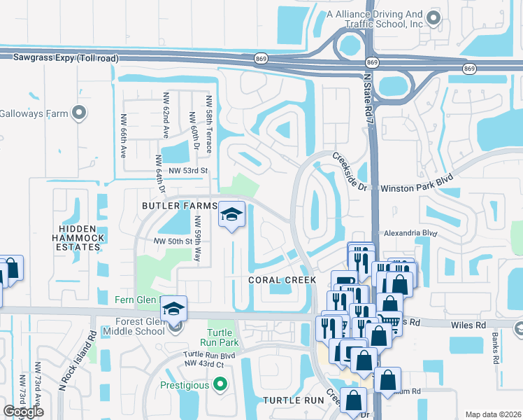 map of restaurants, bars, coffee shops, grocery stores, and more near 5754 Northwest 50th Drive in Coral Springs