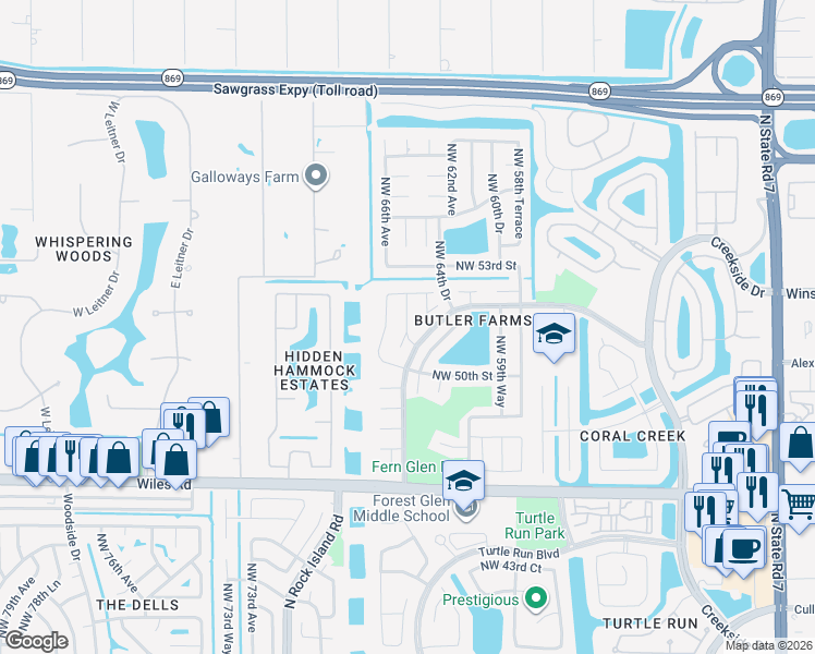 map of restaurants, bars, coffee shops, grocery stores, and more near 5084 Northwest 66th Lane in Coral Springs