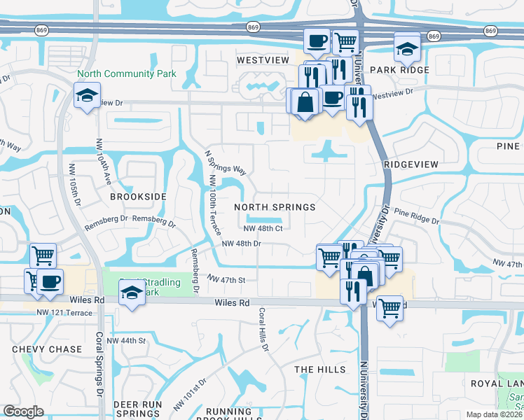 map of restaurants, bars, coffee shops, grocery stores, and more near 9834 Northwest 49th Place in Coral Springs