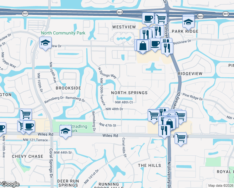 map of restaurants, bars, coffee shops, grocery stores, and more near 9924 Northwest 49th Place in Coral Springs