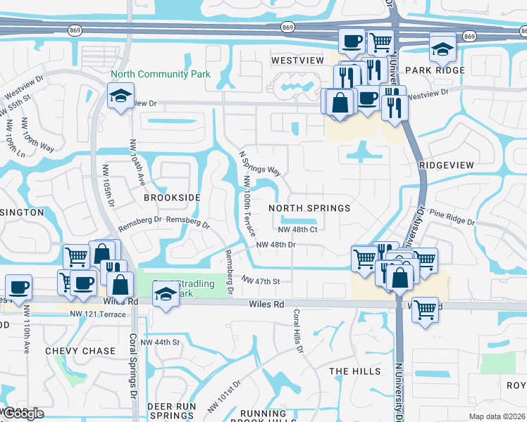 map of restaurants, bars, coffee shops, grocery stores, and more near 10056 Northwest 49th Place in Coral Springs