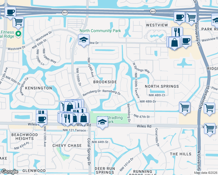 map of restaurants, bars, coffee shops, grocery stores, and more near 10310 Northwest 49th Court in Coral Springs