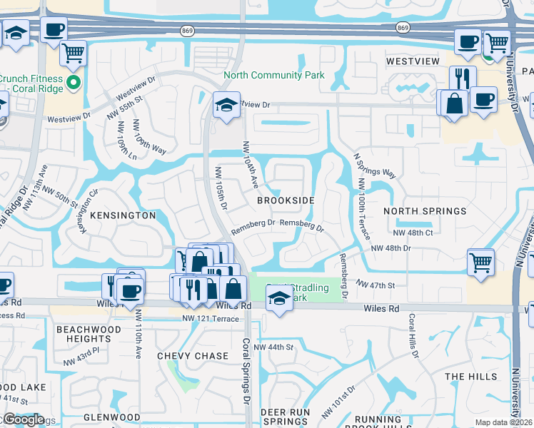 map of restaurants, bars, coffee shops, grocery stores, and more near 10394 Northwest 49th Court in Coral Springs