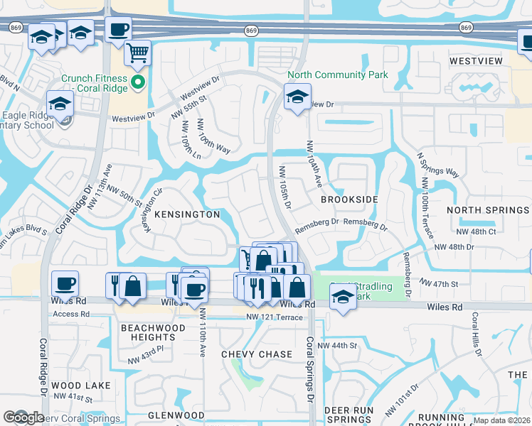 map of restaurants, bars, coffee shops, grocery stores, and more near 10609 Northwest 49th Court in Coral Springs