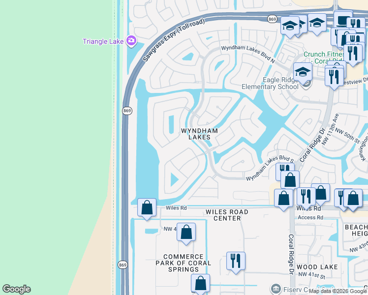 map of restaurants, bars, coffee shops, grocery stores, and more near 12219 Northwest 49th Street in Coral Springs