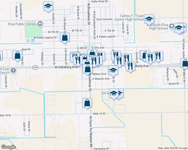 map of restaurants, bars, coffee shops, grocery stores, and more near 202 South Extrumberto Solis Street in Monte Alto