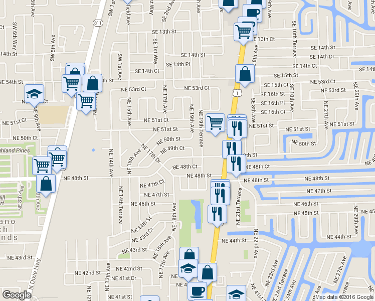 map of restaurants, bars, coffee shops, grocery stores, and more near 1884 Northeast 49th Court in Pompano Beach