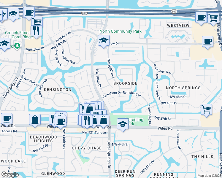 map of restaurants, bars, coffee shops, grocery stores, and more near 4966 Northwest 104th Way in Coral Springs