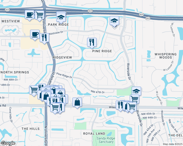 map of restaurants, bars, coffee shops, grocery stores, and more near 8649 Northwest 50th Drive in Coral Springs