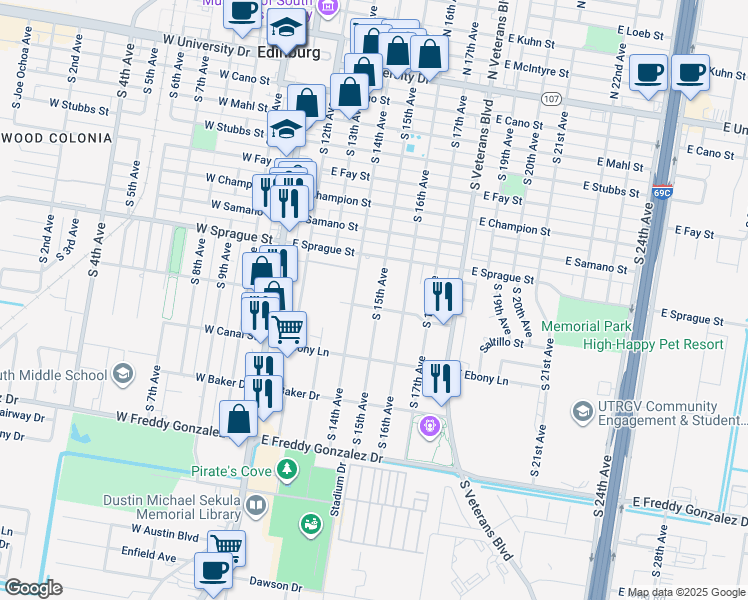 map of restaurants, bars, coffee shops, grocery stores, and more near 921 South 15th Avenue in Edinburg