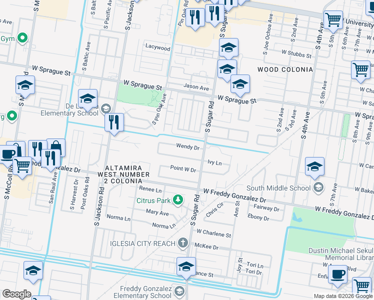 map of restaurants, bars, coffee shops, grocery stores, and more near 1723 Ivy Lane in Edinburg